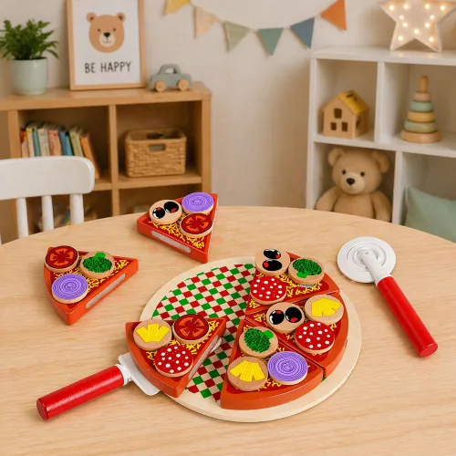 Fa pizza vágó készlet tépőzáras kerékkel és vágódeszkával