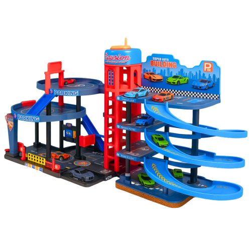 Parkoló autókkal, 4 szintes pálya, 8 fém jármű, matricák