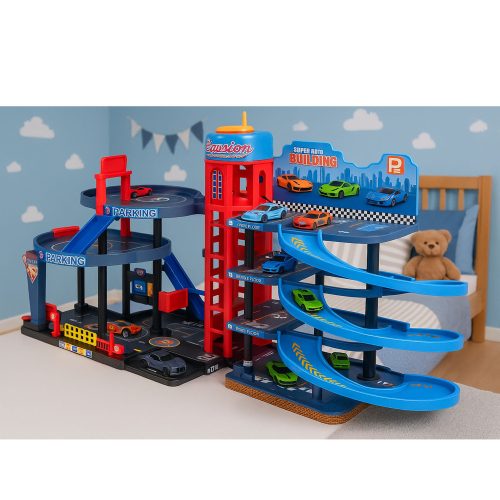 Parkoló autókkal, 4 szintes pálya, 8 fém jármű, matricák