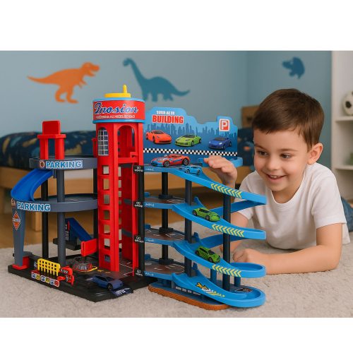 Parkoló autókkal, 4 szintes pálya, 8 fém jármű, matricák