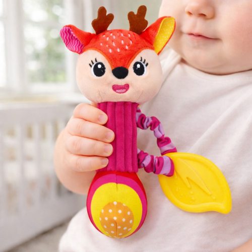 Plüss szarvas csörgő rágókával és nyikorgóval babáknak