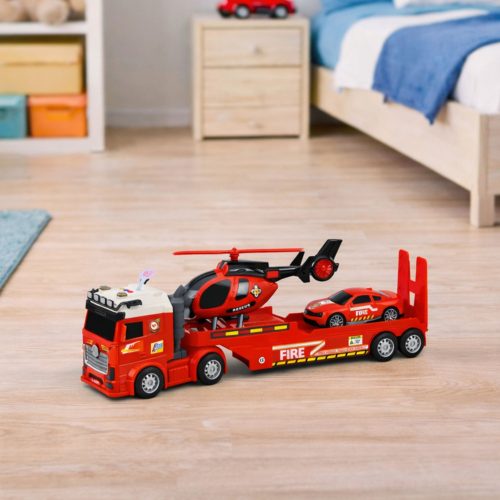 Tűzoltó mentőkészlet, teherautó, vontató, autó, helikopter, fények, hangok