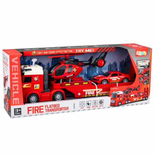 Tűzoltó mentőkészlet, teherautó, vontató, autó, helikopter, fények, hangok