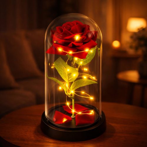 Örök Rózsa Üvegkupolában LED Világítás Piros 21,5 x 11 cm