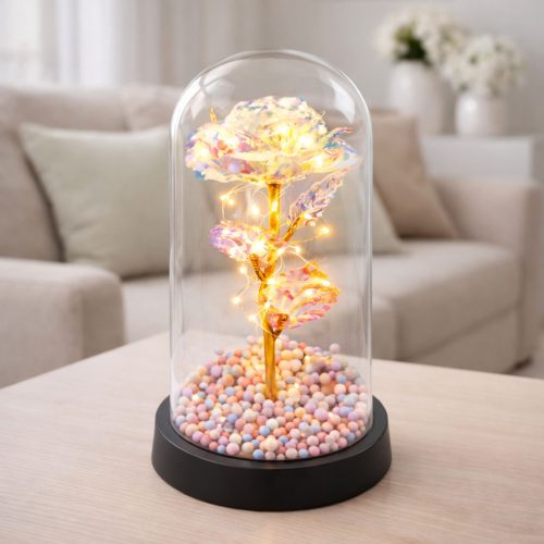 Örök Rózsa Üvegkupolában LED Kristályvilágítás 21,5 x 11 cm