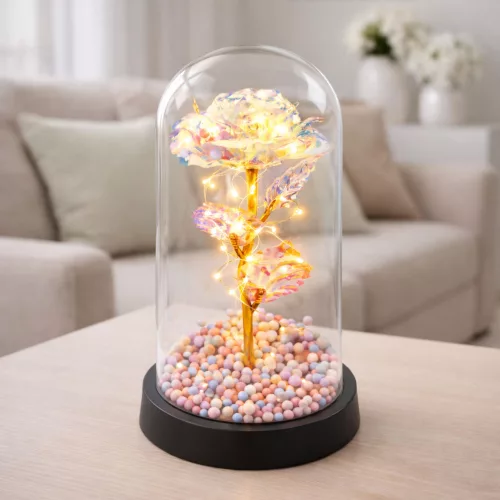 Örök Rózsa Üvegkupolában LED Kristályvilágítás 21,5 x 11 cm