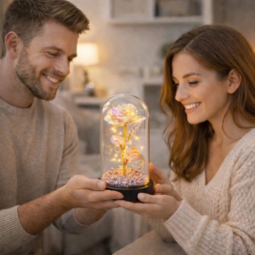 Örök Rózsa Üvegkupolában LED Kristályvilágítás 21,5 x 11 cm