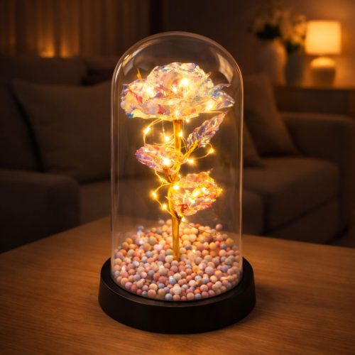 Örök Rózsa Üvegkupolában LED Kristályvilágítás 21,5 x 11 cm