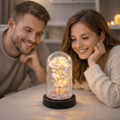 Örök Rózsa Üvegkupolában LED Kristályvilágítás 21,5 x 11 cm