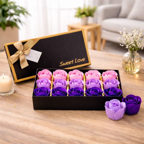 Virágdoboz Örökké Illatos Rózsa Virágok Dobozban Lila 18 db.