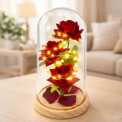 Örök Rózsák Üvegkupolában LED Világítás Piros 21,5 x 11 cm