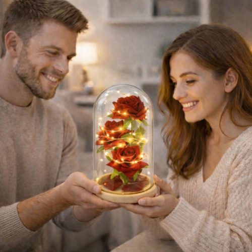 Örök Rózsák Üvegkupolában LED Világítás Piros 21,5 x 11 cm