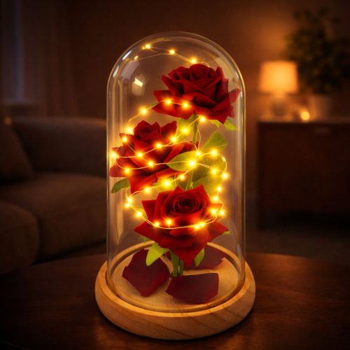 Örök Rózsák Üvegkupolában LED Világítás Piros 21,5 x 11 cm