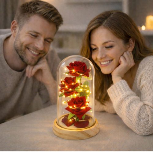 Örök Rózsák Üvegkupolában LED Világítás Piros 21,5 x 11 cm