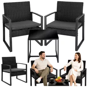   Rattan kerti bútor szett, két szék, asztal, terasz, erkély, fekete