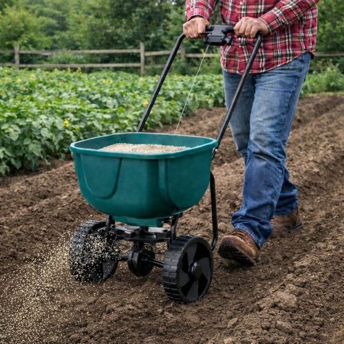 Vetőgép kerekeken fűmag trágyázásához sóhomokkal 27L
