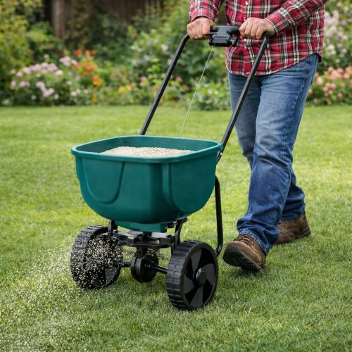 Vetőgép kerekeken fűmag trágyázásához sóhomokkal 27L