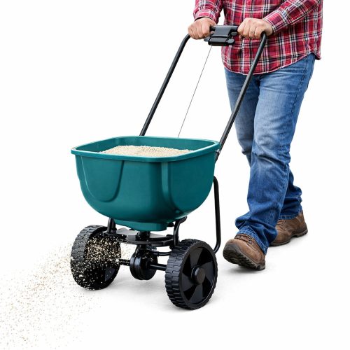 Vetőgép kerekeken fűmag trágyázásához sóhomokkal 27L