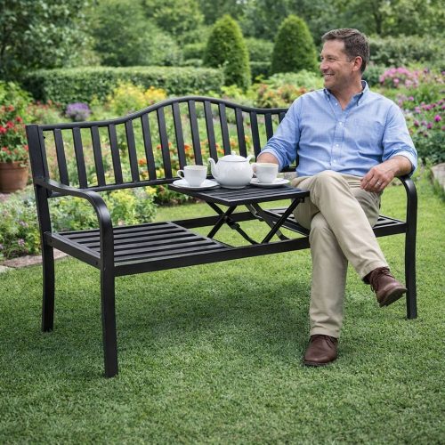 Kerti pad, terasz, kerti fém, 2-3 személyes asztal, fekete, 150 cm