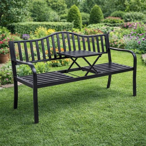 Kerti pad, terasz, kerti fém, 2-3 személyes asztal, fekete, 150 cm