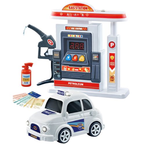 Interaktív benzinkút rendőrautó fényei füstöt hallatnak