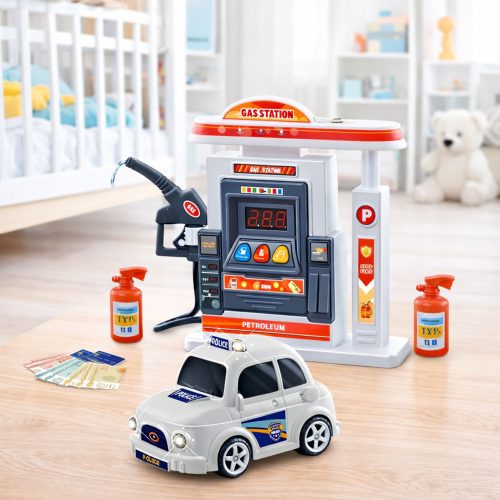 Interaktív benzinkút rendőrautó fényei füstöt hallatnak