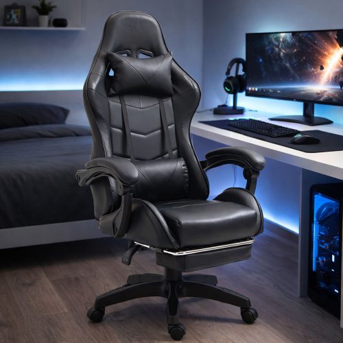 LEAN Forgós Irodai Gamer Szék Lábtartóval és Párnákkal, Fekete