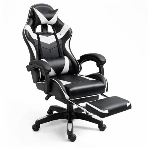 LEAN Forgós Irodai Gamer Szék Lábtartóval és Párnákkal, Fekete és Fehér