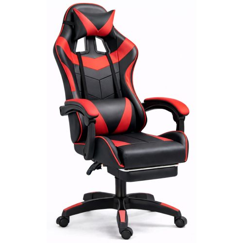 LEAN Forgós Irodai Gamer Szék Lábtartóval és Párnákkal, Fekete és Piros