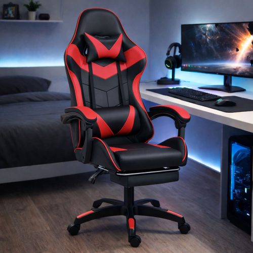 LEAN Forgós Irodai Gamer Szék Lábtartóval és Párnákkal, Fekete és Piros