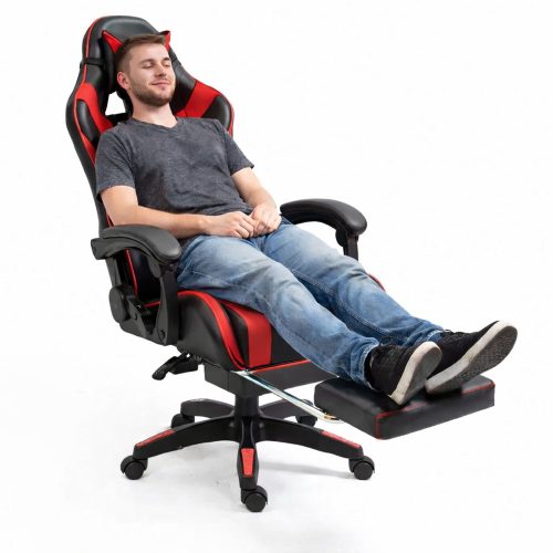 LEAN Forgós Irodai Gamer Szék Lábtartóval és Párnákkal, Fekete és Piros