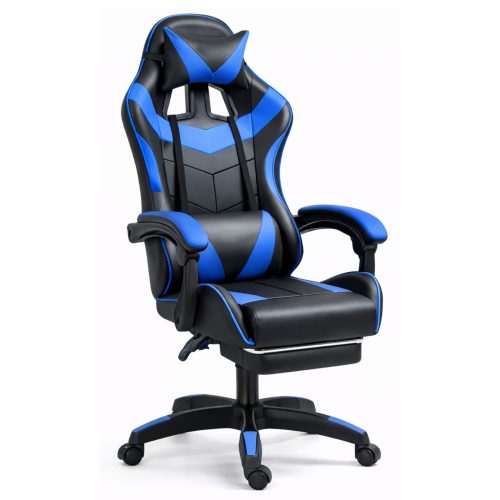 LEAN Forgós Irodai Gamer Szék Lábtartóval és Párnával, Fekete és Kék