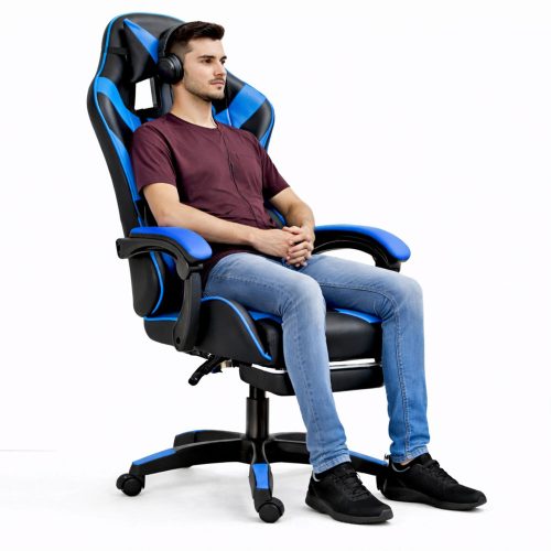 LEAN Forgós Irodai Gamer Szék Lábtartóval és Párnával, Fekete és Kék