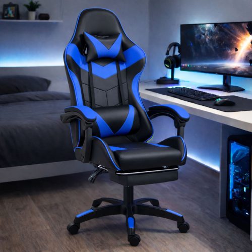 LEAN Forgós Irodai Gamer Szék Lábtartóval és Párnával, Fekete és Kék