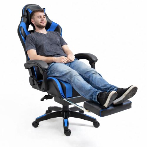 LEAN Forgós Irodai Gamer Szék Lábtartóval és Párnával, Fekete és Kék