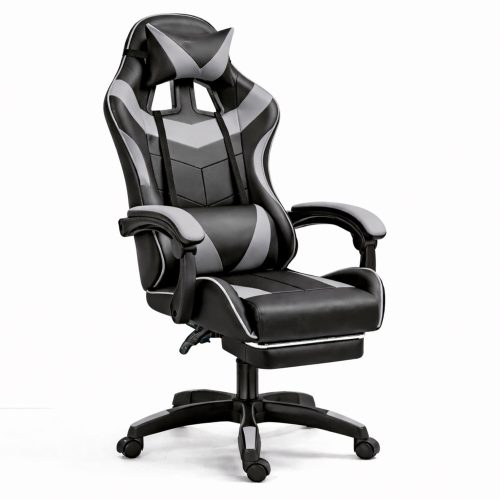 LEAN forgó irodai gamer szék lábtartóval és párnákkal, fekete és szürke