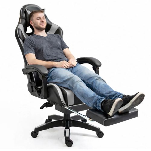 LEAN forgó irodai gamer szék lábtartóval és párnákkal, fekete és szürke