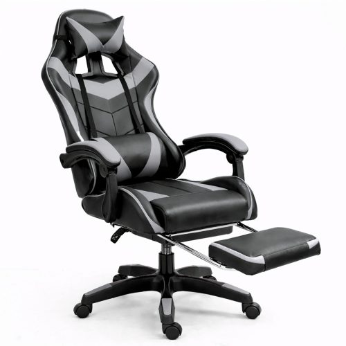 LEAN forgó irodai gamer szék lábtartóval és párnákkal, fekete és szürke