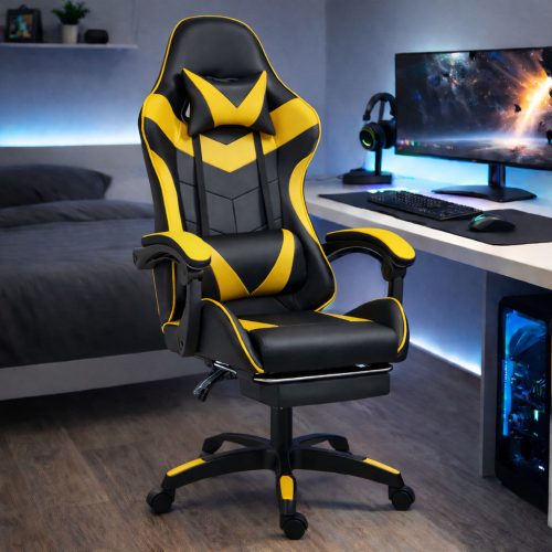 LEAN Forgós Irodai Gamer Szék Lábtartóval és Párnákkal, Fekete és Sárga