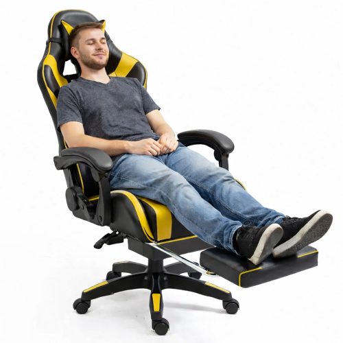 LEAN Forgós Irodai Gamer Szék Lábtartóval és Párnákkal, Fekete és Sárga