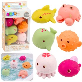   6 darabos oktató gumi tengeri állatból álló készlet fürdéshez és szórakozáshoz.