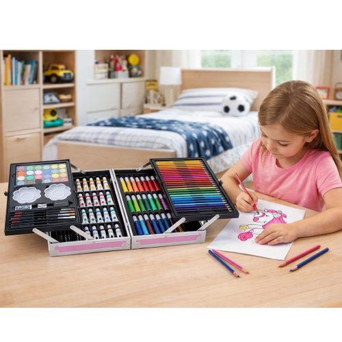 150 darabos kreatív rajzkészlet unikornis bőröndből, rózsaszín.