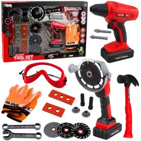   Nagy szerszámkészlet gyerekeknek, elemes csavarhúzó, csiszoló, 28 db.