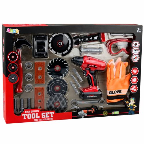 Nagy szerszámkészlet gyerekeknek, elemes csavarhúzó, csiszoló, 28 db.