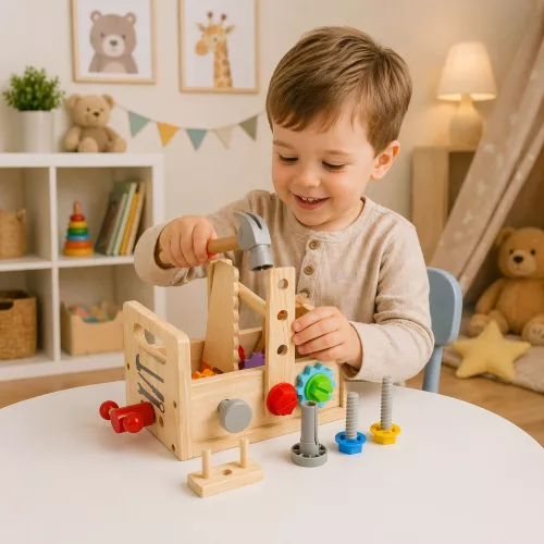 Fából készült szerszámosláda gyerekeknek fogaskerekekkel és anyákkal