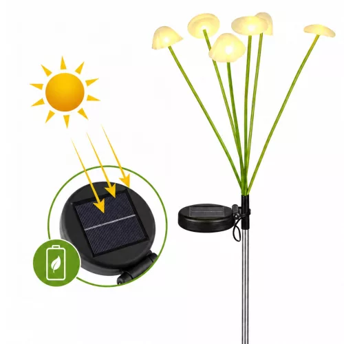 Napelemes kerti lámpa, dekoratív gombákkal, meleg LED fény, 70 cm