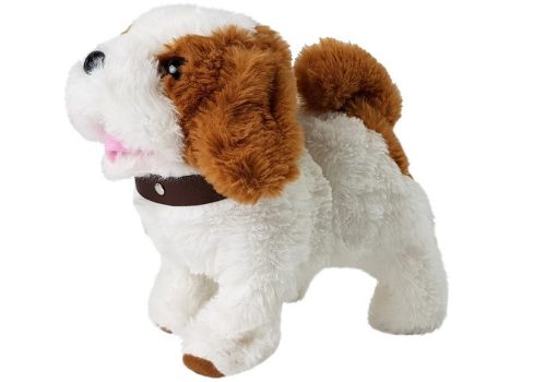 Akkumulátoros plüss kutya fehér barna foltozott kiegészítők hang