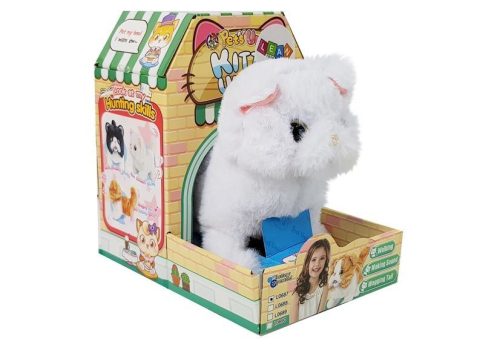 Fehér perzsamacska járkál, csóválja a farkát az elemeken