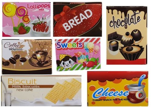 Játékpiac bevásárlókocsival, pénztárgép-szkennerrel, élelmiszer-vásárlás