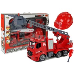   DIY Firetruck 2 az 1-ben készlet Kivehető emelők Csavarhúzó Hang Fényeffektusok Sisak